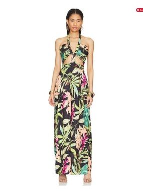 PatBO Tropical Halter Cutout Jumpsuit with Pink & Green Print